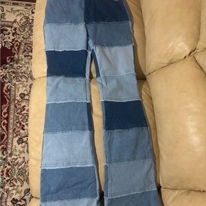 Fashion Nova Multi-Blue Patchwork Flare Jeans